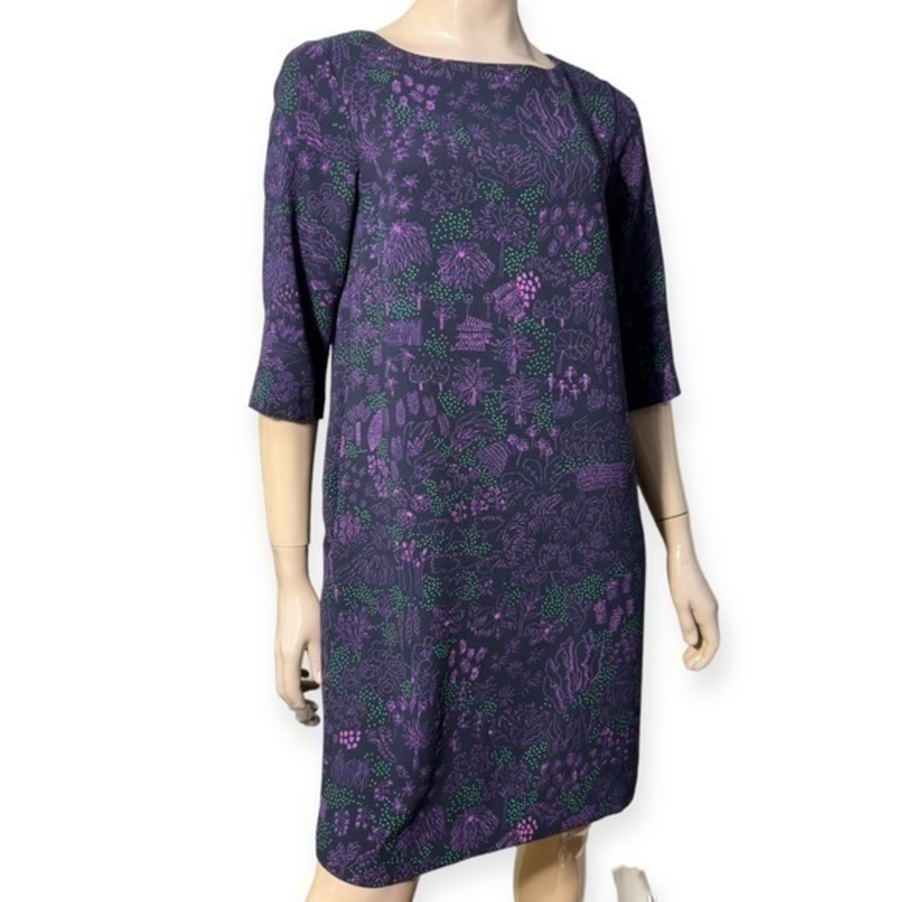 Ottod’Ame Women’s Size 6 Purple Tree Floral Printed 3/4 Sleeve Shift Dress